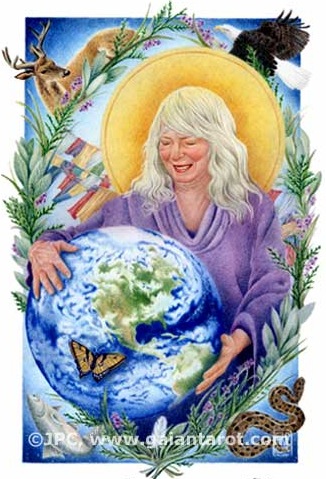 GaianTarot.com artwork by Joanna Colbert depicting model Serene Stevenson holding Earthball image with butterfly, deer, herbs and prayer flags.